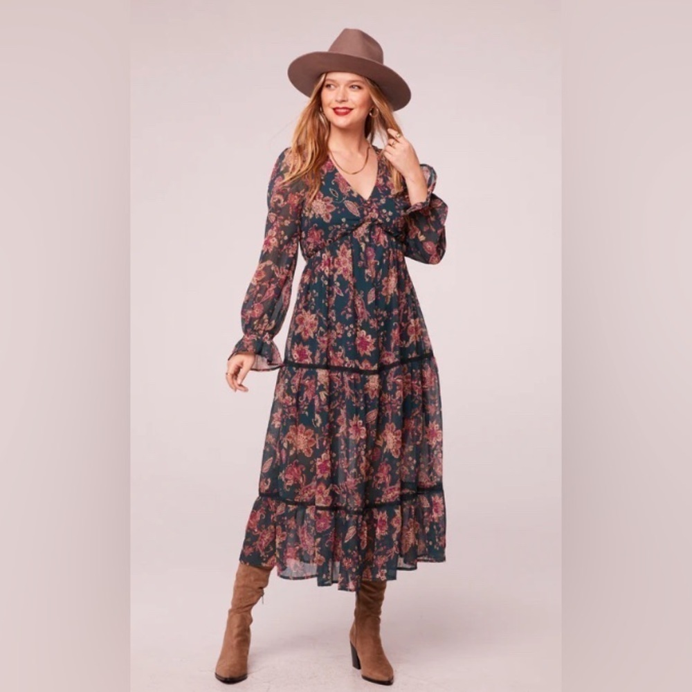 NWT Cowgirl Boho Cottagecore Prairie Pine Paisley Empire Waist MIDI Dress Size S - Picture 3 of 9